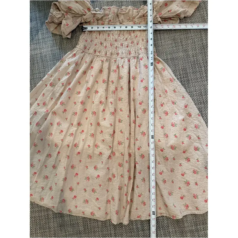 R VIVIMOS Cotton Floral Print Puff Sleeves Smocked Ruffles Midi Dress Beige XL - Picture 7 of 7